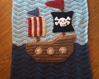 CROCHET PATTERN - Pirate Ship with Flags Crochet Blanket Throw - PATTERN