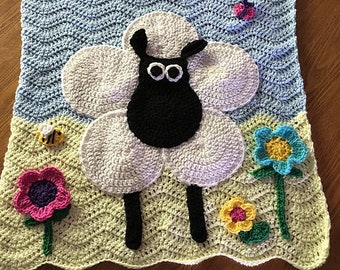 CROCHET PATTERN - Big Sheep and Flowers Crochet Blanket Throw - PATTERN