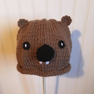 May include: A brown knitted hat with a beaver face. The hat has black eyes, a black nose, and white teeth.