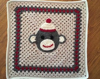 CROCHET PATTERN - Fans of the Sock Monkey in the Middle Granny Square Blanket - PATTERN