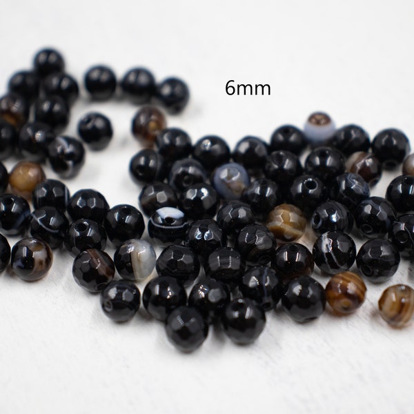 6mm Faceted Sardonyx Beads | Jewelry Supplies | Natural Beads | Black Stone Beads