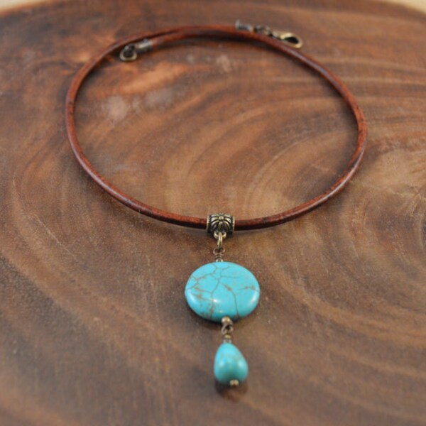 Bohemian Jewelry, Leather Necklace, Turquoise Pendant, Boho Necklace, Leather Pendant Necklace, Leather Choker, Turquoise Magnesite