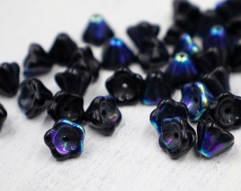 CLOSING SUPPLY SHOP | Czech Glass Bell Flower Black Luster | Czech Pressed Glass | Jewelry Supplies
