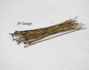 30 Count Flat Head Pin | Jewelry Supplies | 24 Gauge | 2 inches long | Antiqued Gold Plated Brass