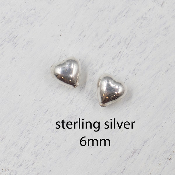 Set of 2 Sterling Silver Puffed Heart 6mm Beads | Jewelry Supplies