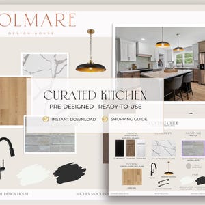 May include: A design house presentation with the text "SOLMARE DESIGN HOUSE" at the top. The image showcases a curated kitchen design with a photo of a kitchen, samples of flooring, cabinetry, and paint colors. The text "CURATED KITCHEN" is displayed.