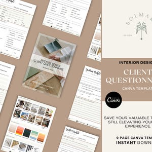 May include: A collection of interior design client questionnaires, with a central document featuring the text "Interior Design Client Questionnaire." The design includes a logo and the phrase "Canva Template." The background is a light brown.
