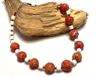 Red African Clay beads necklace, Ethnic beads short necklace, Clay and ceramics beads necklace, Tribal necklace