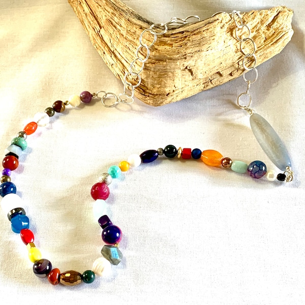 Multi gems single strand long necklace, Multi colours long necklace,  Long summer necklace