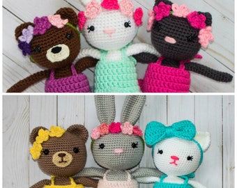 Crochet Ballerina Animal Pack- Bunny, Kitty, and Bear patterns in mine and large sizes