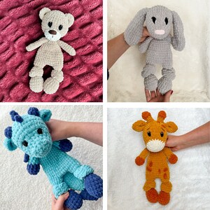 May include: Four crocheted stuffed animals: a brown bear, a gray bunny, a blue dragon, and a yellow giraffe. The animals are all handmade and have a soft, cuddly texture.