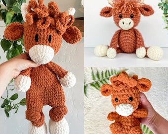 BUNDLE Crochet Amigurumi Highland Cow Plushie and Snuggler Patterns - for Baby Shower Gifts and Nursery Decor