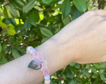 Romantic couple pink glass and wood hand beaded bracelet