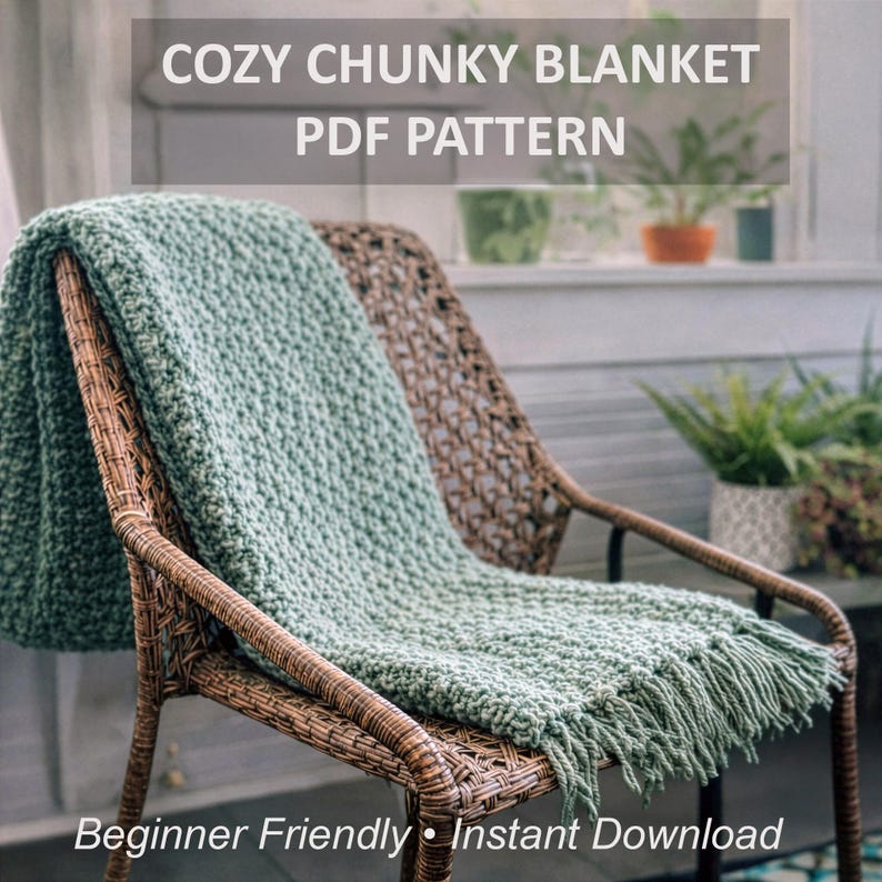 May include: A sage green chunky knit blanket with fringe draped over a brown wicker chair. The text COZY CHUNKY BLANKET PDF PATTERN is displayed at the top, and the text Beginner Friendly Instant Download is at the bottom of the image.