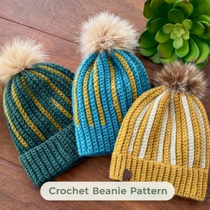 Crochet Beanie Pattern PDF, Aspen Ridge Ribbed Hat, Easy Pattern, Adult & Child Sizes, Contrast Color, Tips Video, Touque, Double Brim