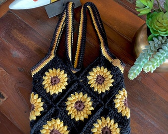 Stripe Strap Sunflower Granny Square Crochet Tote Bag Crossbody with optional Lining