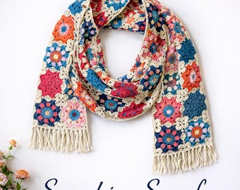 Granny Square Crochet Scarf Pattern – Boho Patchwork Scarf PDF – Modern Handmade Style