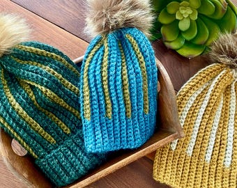 Crochet Beanie Pattern PDF, Aspen Ridge Ribbed Hat, Easy Pattern, Adult & Child Sizes, Contrast Color, Tips Video, Touque, Double Brim