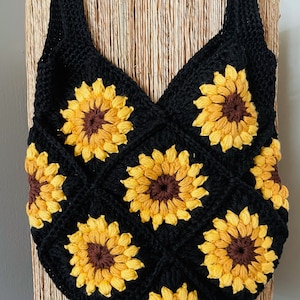 Stripe Strap Sunflower Granny Square Crochet Tote Bag 