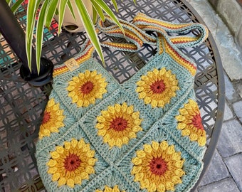 Sunflower Crochet Tote Market Travel Bag Market Tote Granny Square with Striped Handle/Strap and Optional Lining