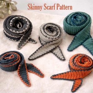 May include: Five crocheted skinny scarves arranged in a circular pattern, each featuring a distinct color combination including charcoal gray, light gray, teal, and orange. The text Skinny Scarf Pattern is displayed at the top of the image.