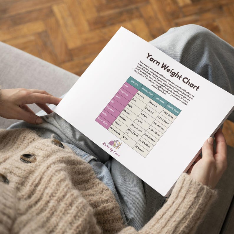 May include: A person holds a white paper titled "Yarn Weight Chart" with a pink and purple color scheme. The chart lists yarn weights, descriptions, US hook sizes, and metric hook sizes. The chart is held over a beige sweater.