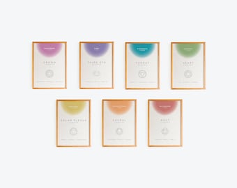 May include: Seven framed prints with a white background and gold frames. Each print features a different chakra symbol with its corresponding colour and name. The chakras are: Crown, Third Eye, Throat, Heart, Solar Plexus, Sacral, and Root.
