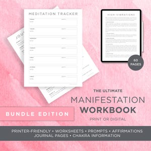 Pacchetto di quaderni di lavoro sulla manifestazione - Guida alla manifestazione di 60 pagine / Carte dei chakra / Poster OM e chakra / Kit stampabile della legge di attrazione