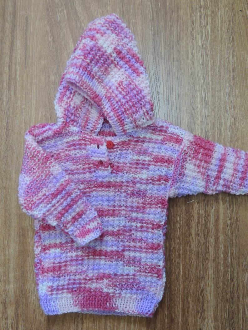 Knitted baby hoodie, baby girl Winter clothing. Pink, purple and white knitted baby clothing. Baby shower gift. Winter baby. baby gift. image 1