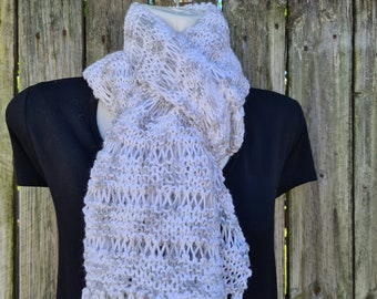 Hand knitted scarf. Gray and white coloured scarf. scarves. Winter fashion. clothing. Winter scarf. Autumn scarf.