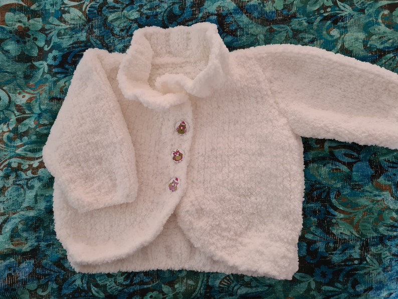 White chenille wool baby cardigan. Baby jacket. knitted baby clothing. Cardigan. Girl baby. Baby gift. Baby shower gift. image 1