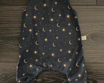 Organic Baby Harem Romper: Navy Celestial Moon & Stars