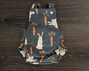 Organic Cotton Baby Romper: Bunny & Carrot Print, Cross Back