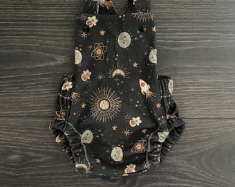 Organic Cotton Baby Romper: Black Boho Astronaut Cross Back