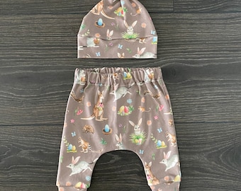 Organic Baby Easter Outfit: Bilby Harem Pants & Knot Hat