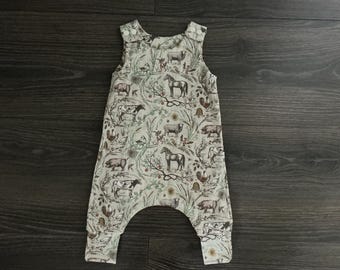 Organic Cotton Baby Harem Romper: Homestead Farm Print, Soft Knit, Gender neutral