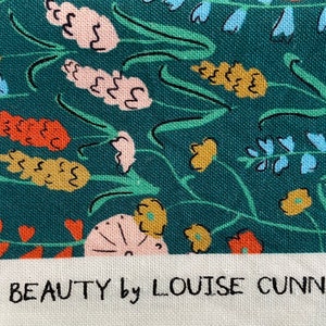 May include: A teal fabric with a floral pattern featuring various flowers in shades of pink, orange, yellow, and blue. The fabric has the text "NATURAL BEAUTY by LOUISE CUNNINGHAM" printed at the bottom.
