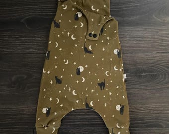 Organic Baby Harem Romper: Black Cat, Moon & Stars - Olive Green