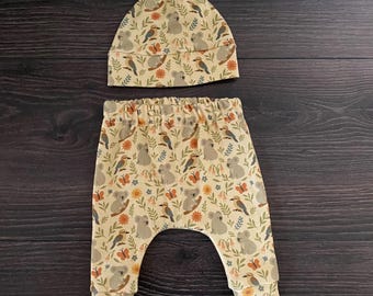 Organic Baby Outfit: Koala and Kookaburra Harem Pants & Knot Hat