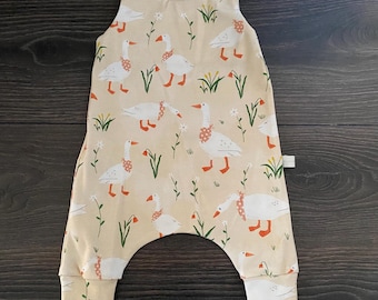 Organic Cotton Baby Harem Romper: Spring Goose Print, Soft Knit