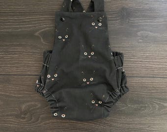 Organic Cotton Baby Romper: Black Cat Face, Cross Back Summer Outfit