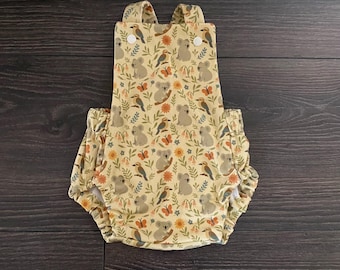 Organic Cotton Baby Romper: Koala and Kookaburra Print, Cross Back