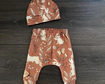 Organic Baby Harem Pants Set: Mocha Bunny Outfit & Knot Hat
