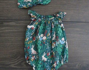 Organic Baby Romper: Bunny Print Playsuit with Headband