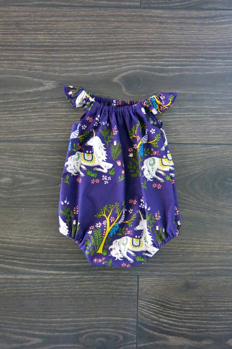 Unicorn baby romper/ Organic baby clothes / Purple baby romper / Baby girl romper / Summer baby playsuit / Baby girl / Floral baby clothes image 1