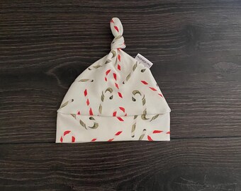 Organic Baby Knot Hat:  Christmas Candy canes, Soft Jersey Knit