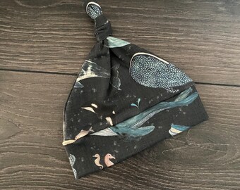 Organic Baby Top Knot Beanie: Soft Knit Hat, Whale Song on Charcoal