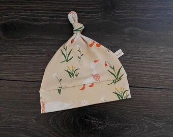 Organic Baby Beanie: Spring Goose & Wildflower Knit Knot Hat