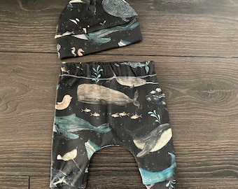 Organic Whale Baby Outfit: Harem Pants & Knot Hat