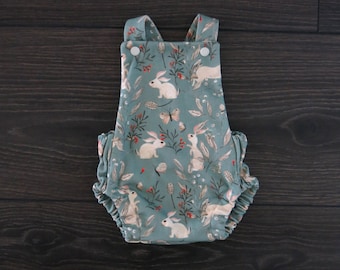 Organic Cotton Baby Romper: Vintage Bunny Print, Cross Back